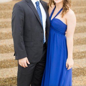 💙 bcbgmaxazria long blue dress with tie neck